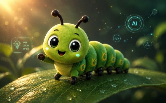 A caterpillar beside an AI interface — the idea stage