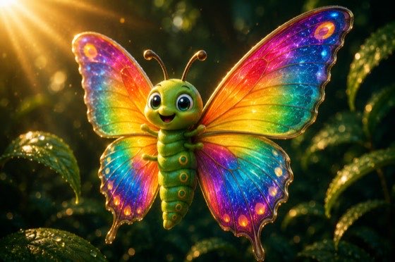 A butterfly with open rainbow wings — the Shine moment